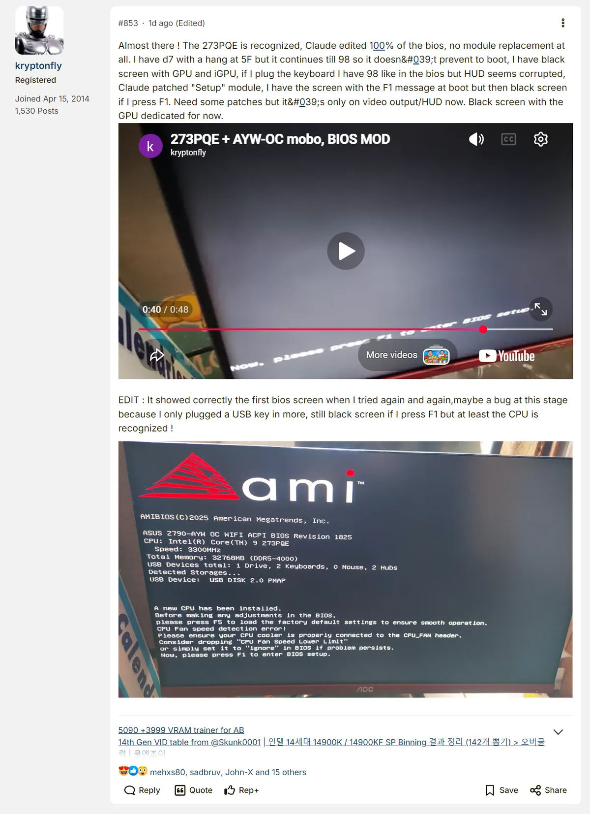 Modder gets Intel's OEM-only 'Bartlett Lake' CPU to post on a regular Asus Z790 motherboard — BIOS was edited by Claude AI to make Core Ultra 9 273QPE boot