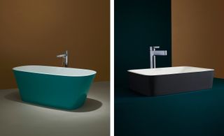 Closeup views of a Victoria + Albert bath and sink in Light Industrielle with chrome fixtures.