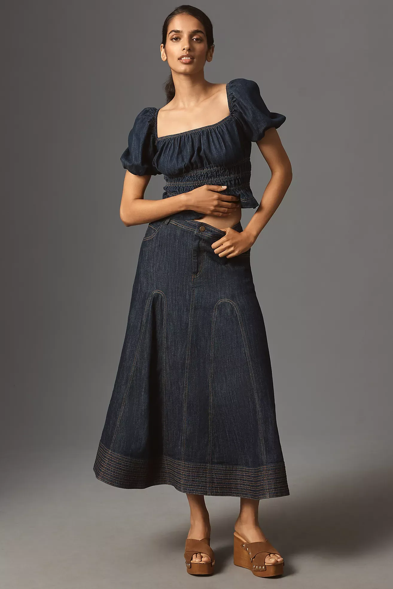 Pilcro , Denim Godet Midi Skirt