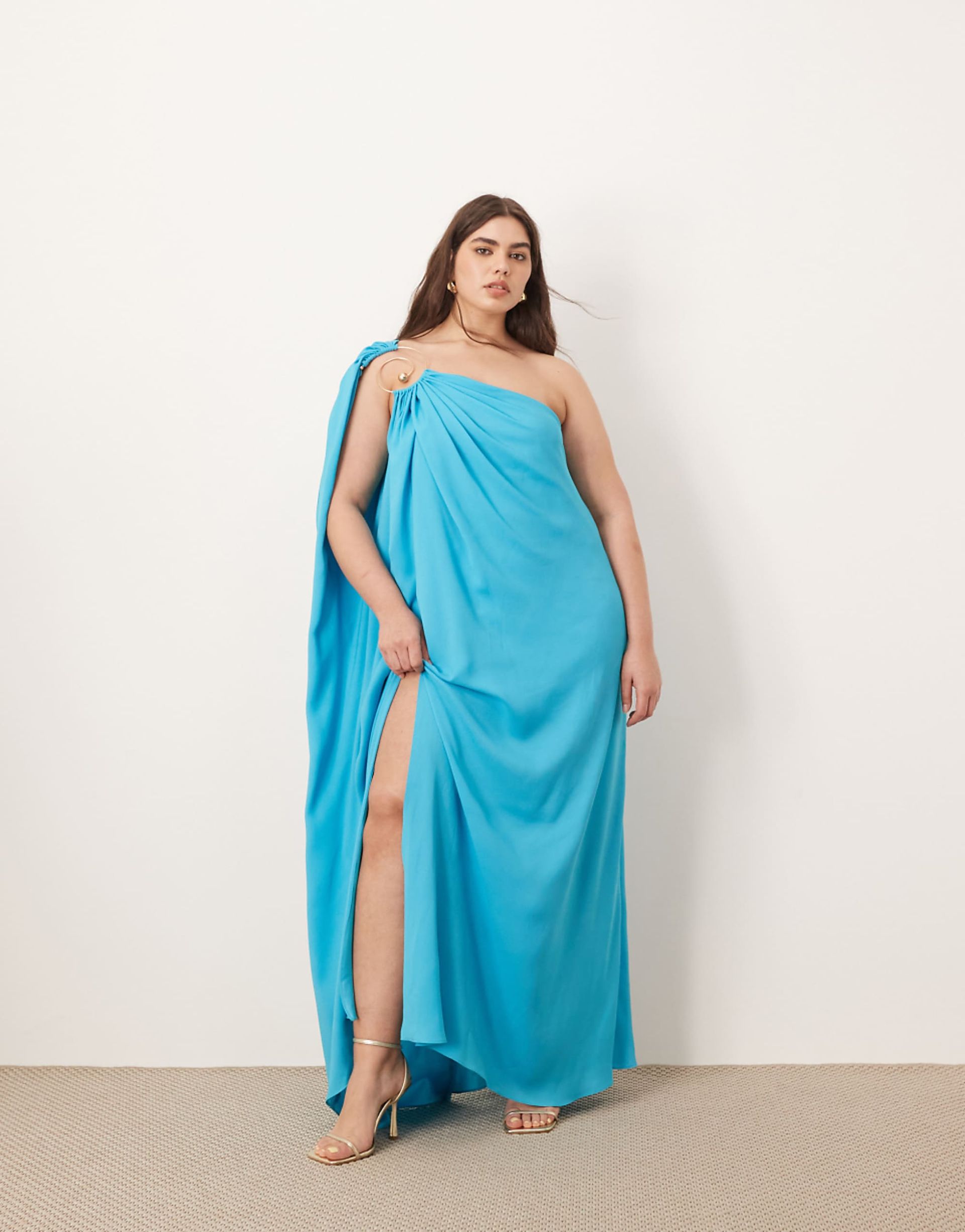 Arrange Curve Spiral Trim One Shoulder Maxi Dress in Turquoise Blue