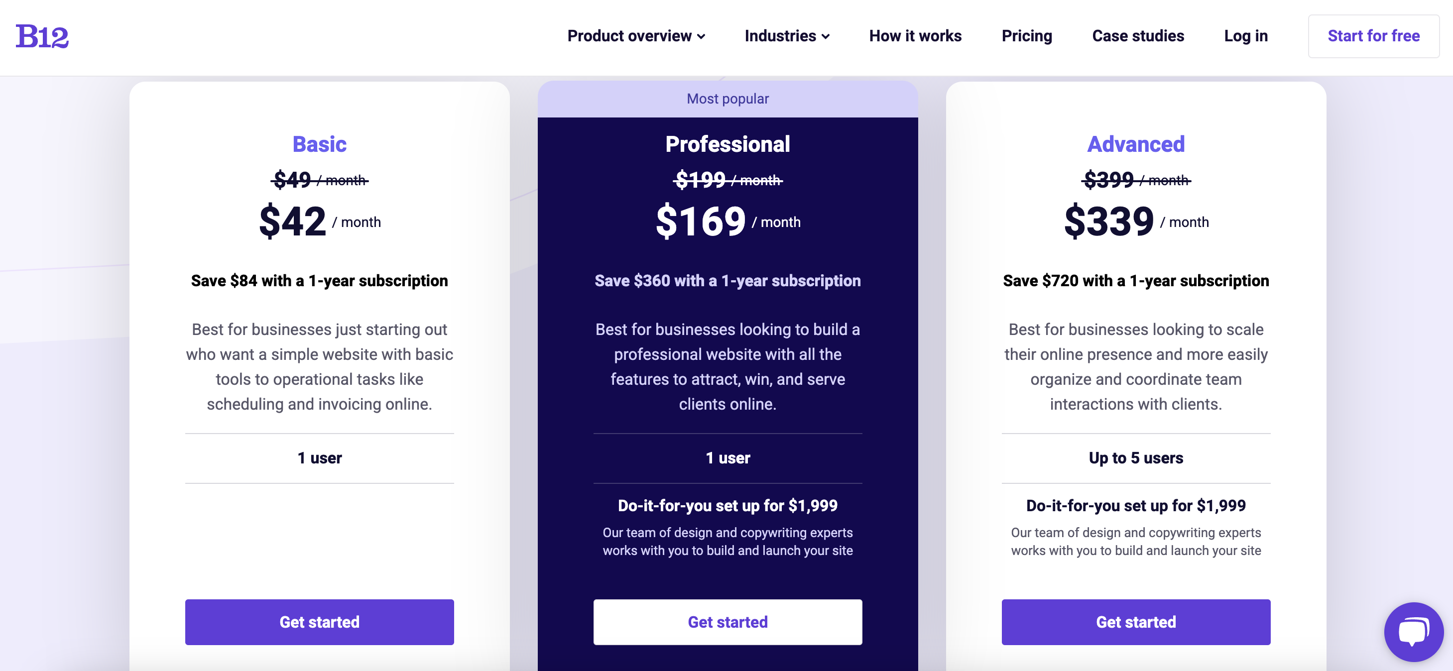 screenshot of B12 website builder pricing page