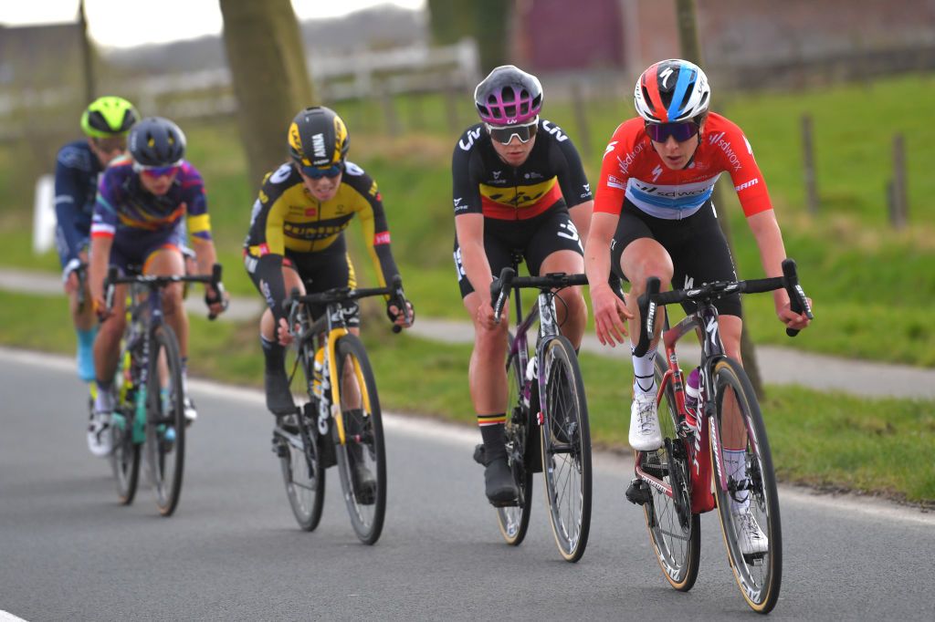 WEVELGEM BELGIUM MARCH 28 Lotte Kopecky of Belgium and Team Liv Racing Christine Majerus of Luxembourg and Team SD Worx during the 10th GentWevelgem In Flanders Fields 2021 Womens Elite a 1417km race from Ypres to Wevelgem GWE21 GWEWomen FlandersClassic UCIWWT on March 28 2021 in Wevelgem Belgium Photo by Luc ClaessenGetty Images