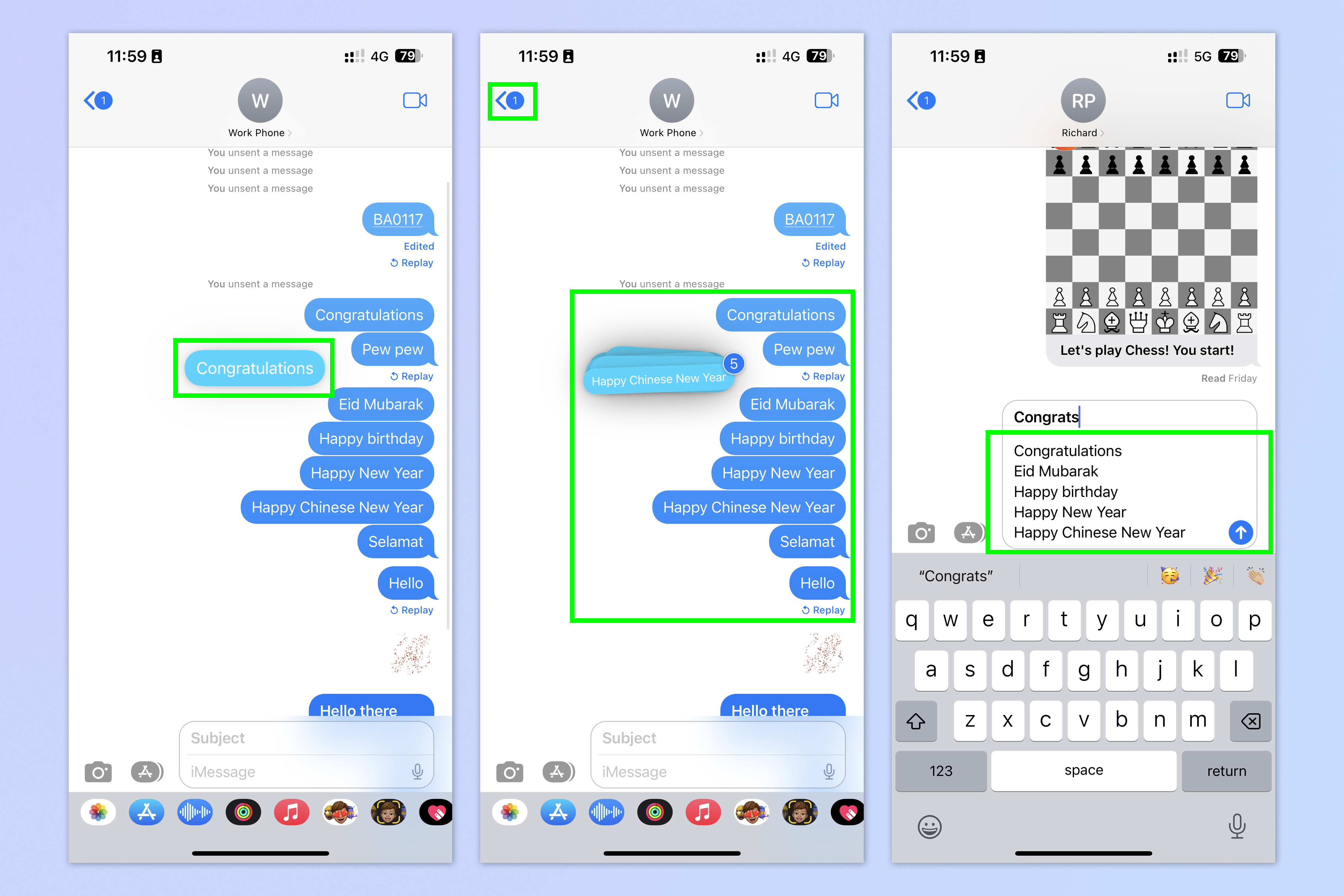 Una captura de pantalla que muestra cómo usar las funciones ocultas de Mensajes de iOS