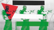 Hamas militants on a deconstructed Palestinian flag