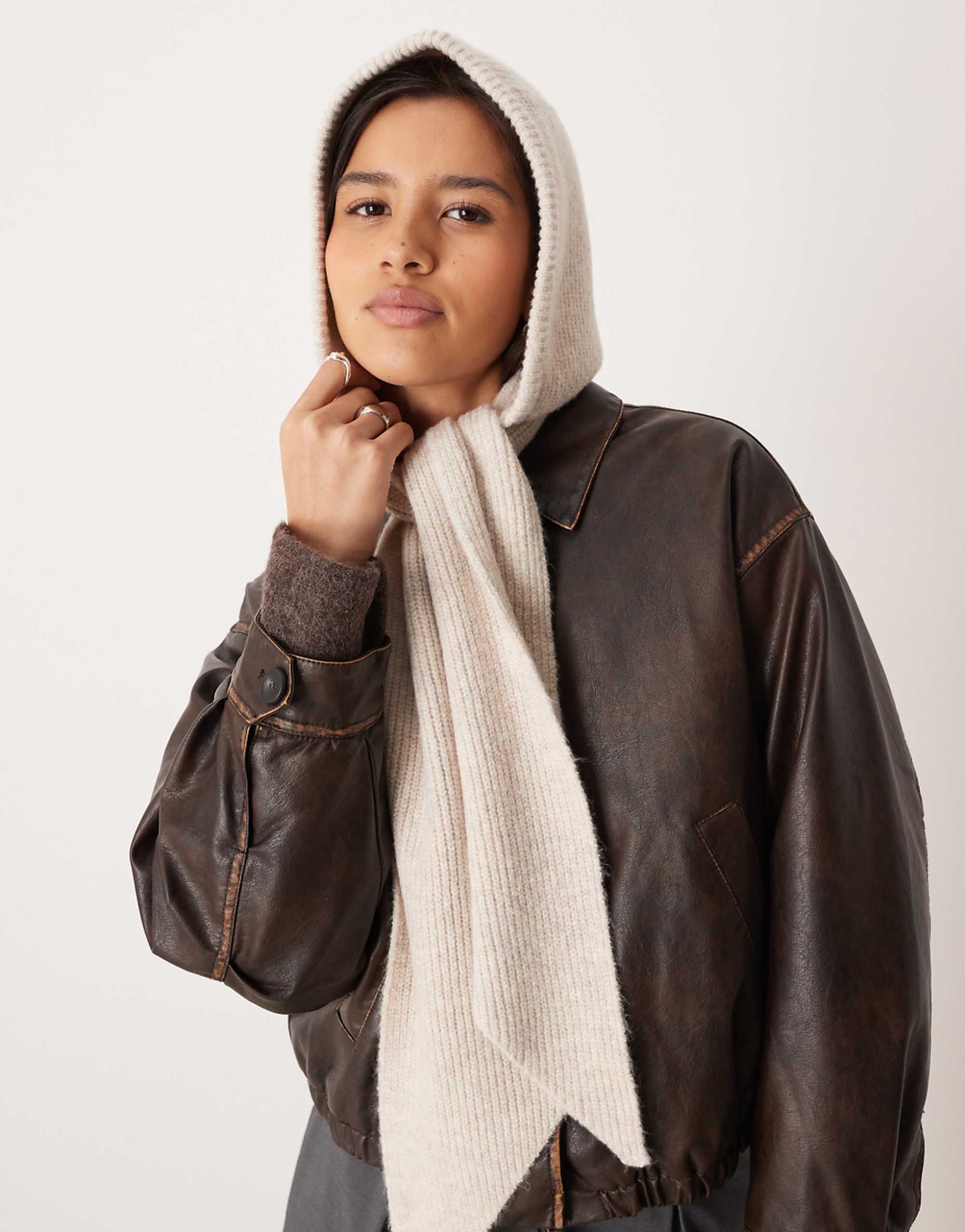 Asos Design Knit Hooded Scarf in Oatmeal