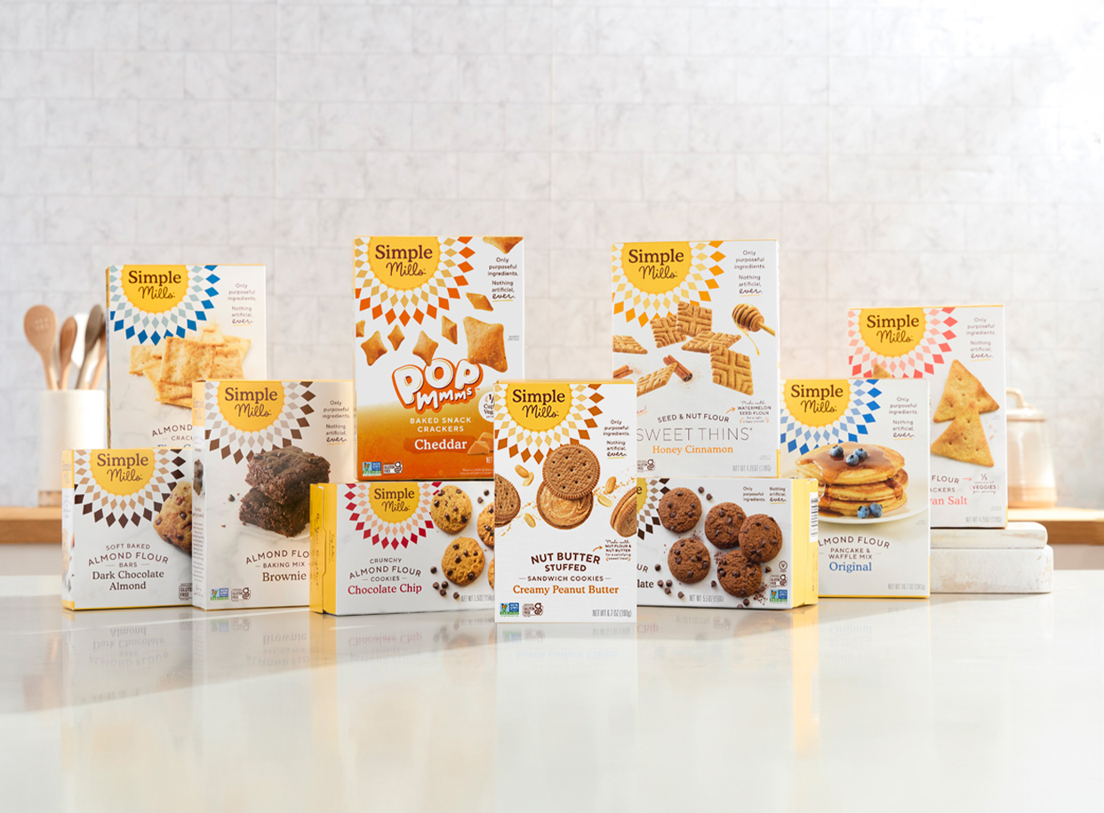 Boxes of Simple Mills products.