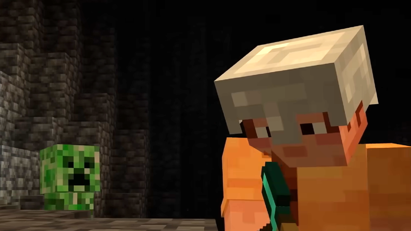 A creeper lurks over the shoulder of a miner in Minecraft.