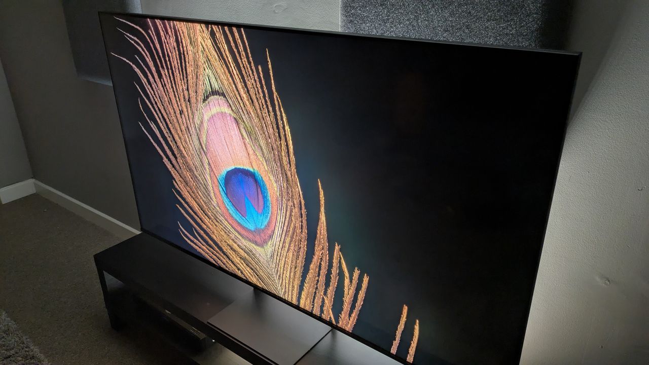 Sony Bravia 7 II with a shot of a peacock feather on screen. Side angle shot shows some backlight blooming