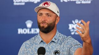 Jon Rahm talks to the media at the PGA Championship