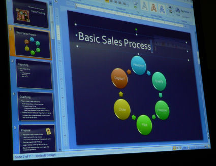 A style choice within Office's new ribbon changes the nodes to multi-color and 3D. Notice also the pane was used to add that sixth node. Borrowing some of the graphical functionality from Visio (at long last!) the nodes in the cycle adjust themselves to m
