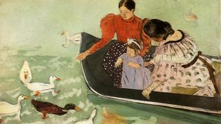 A painting of women and a child feeding ducks from a row boat