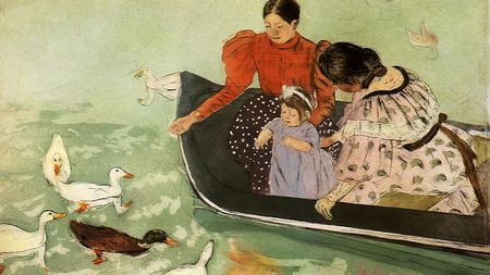 A painting of women and a child feeding ducks from a row boat