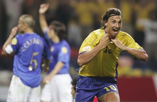 Zlatan Ibrahimovic celebrates a goal for Sweden against Italy at Euro 2004.