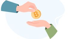 An animated hand drops a bitcoin into an outstretched hand. 