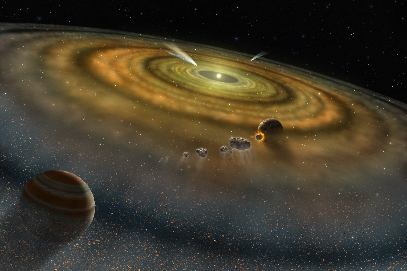 A few planets budding in a planet-forming disk around a glowing star.