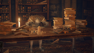 Sir Gideon Ofnir the All-Knowing, a surly knight, looms over stacks of books and papers on his desk in a way that'll give him back problems in 10 years.