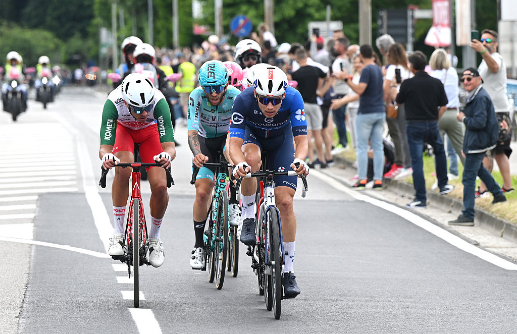 NOVA GORICA ITALY MAY 24 LR Mirco Maestri of Italy and Team Polti VisitMalta and Clement Davy of France and Team Groupama FDJ compete in the breakaway during the 108th Giro dItalia 2025 Stage 14 a 195km stage from Treviso to Nova Gorica UCIWT on May 24 2025 in Nova Gorica Italy Photo by Dario BelingheriGetty Images