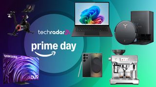 Amazon Prime Day banner with Peloton Bike, Samsung QLED TV, Microsoft Surface Laptop, Samsung Galaxy S25 Ultra, Breville The Oracle Espresso Machine, and Ecovacs robot vacuum cleaner