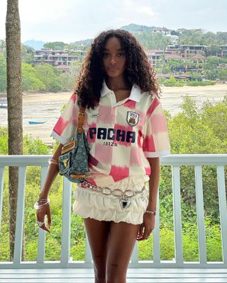 Woman wearing a Greece summer outfit.