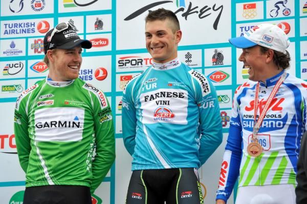 The podium: Tyler Farrar, Andrea Guardini and Kenny van Hummel