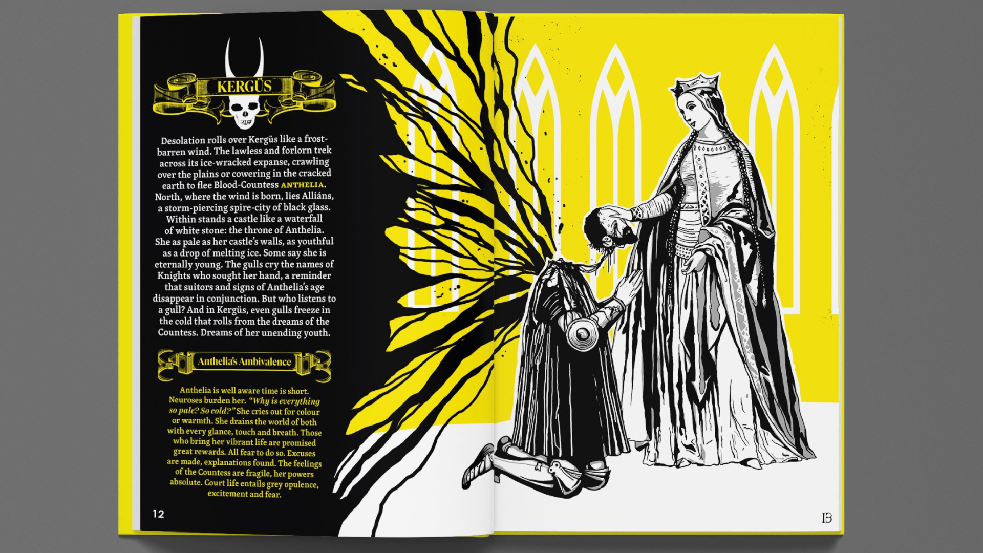 Open pages of Mork Borg of a woman removing the head of a kneeling knight on a gray background