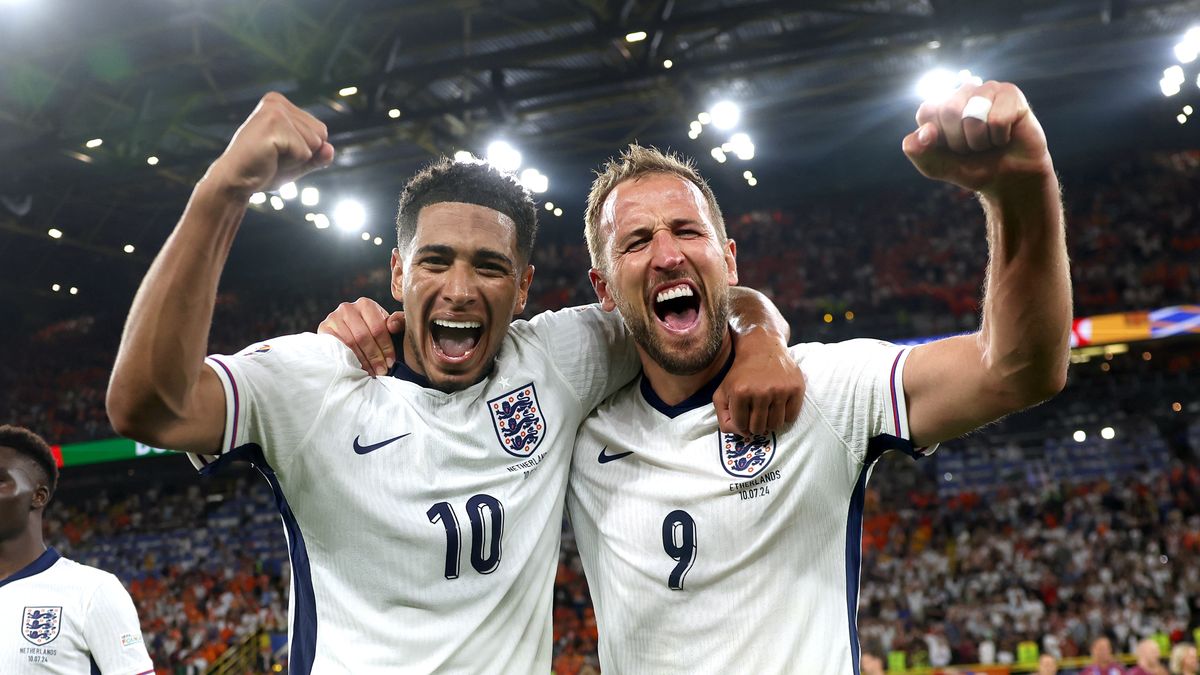 Jude Bellingham and Harry Kane of England celebrate reaching the Euro 2024 final in Berlin on Sunday, July 14, 2024. What time is the Euro 2024 final on TV? 