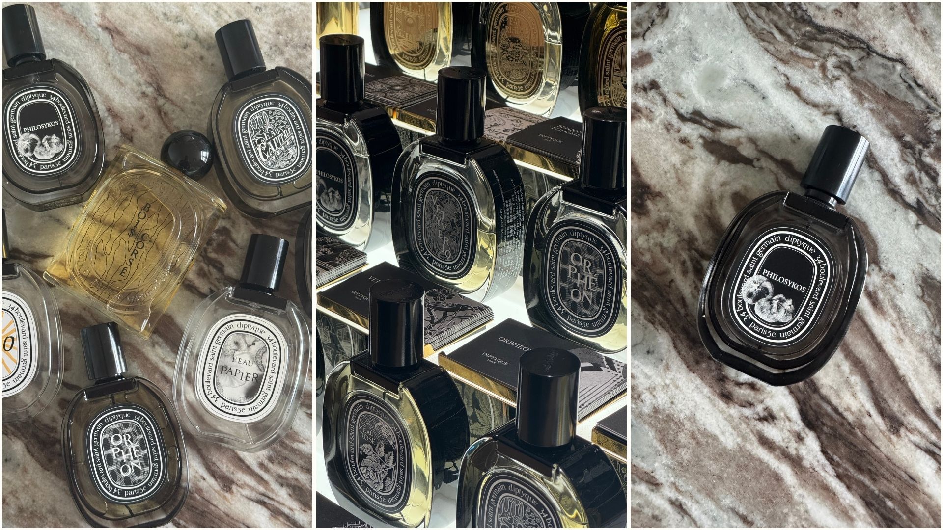 A collage with photos of Diptyque perfumes