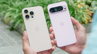 iPhone 16 Pro Max vs Pixel 9 Pro XL held in the hand.