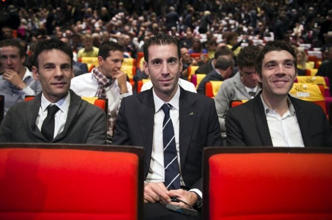 The podium of the 2014 Tour de France: Peraud, Nibali and Pinot