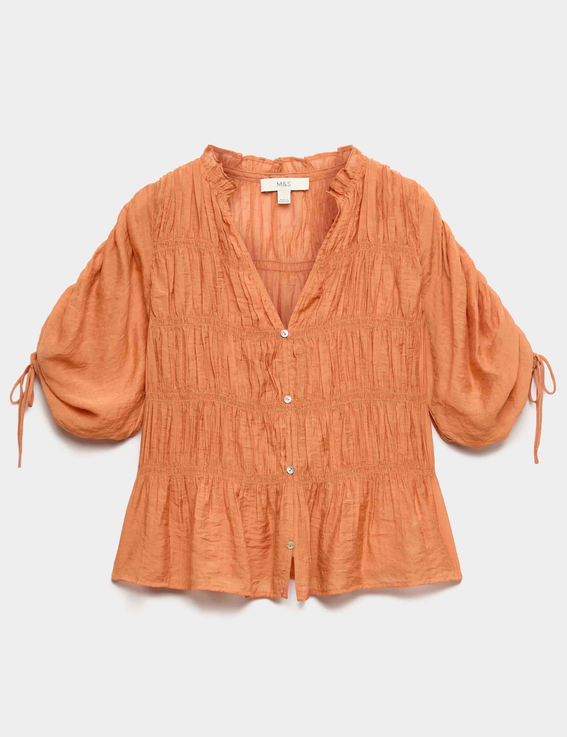 V-Neck Shirred Button Through Blouse