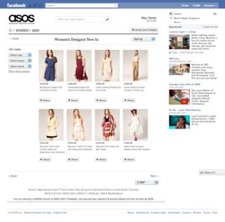 The ASOS Faccebook store houses a full ecommerce experience, including features such as filtering products, access to product details and pricing information, and shopping cart functionality