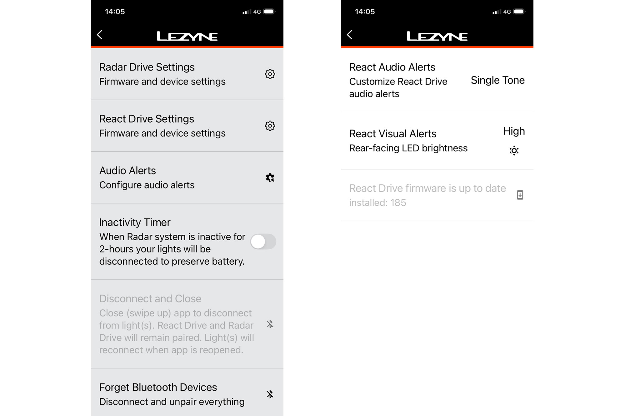 Lezyne app settings pages