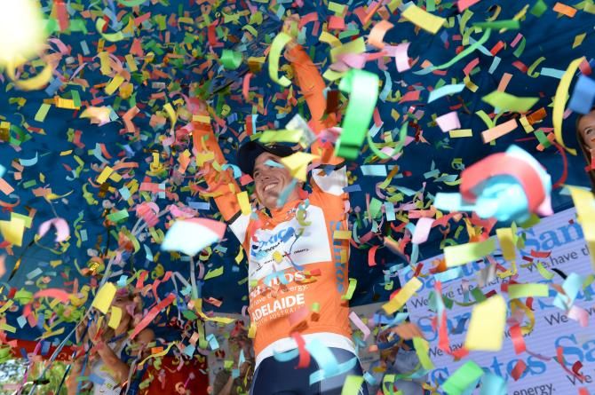 Gerrans covered in confetti celebrates the overall win