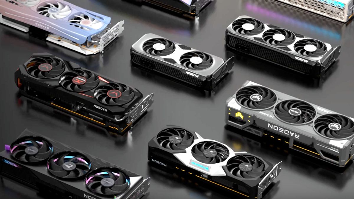 A collage of Radeon RX 9000 series graphics cards, as shown in AMD&#039;s promotional video for the launch of RDNA 4 at CES 2025