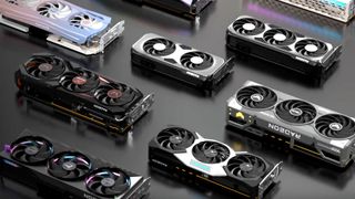 A collage of Radeon RX 9000 series graphics cards, as shown in AMD's promotional video for the launch of RDNA 4 at CES 2025