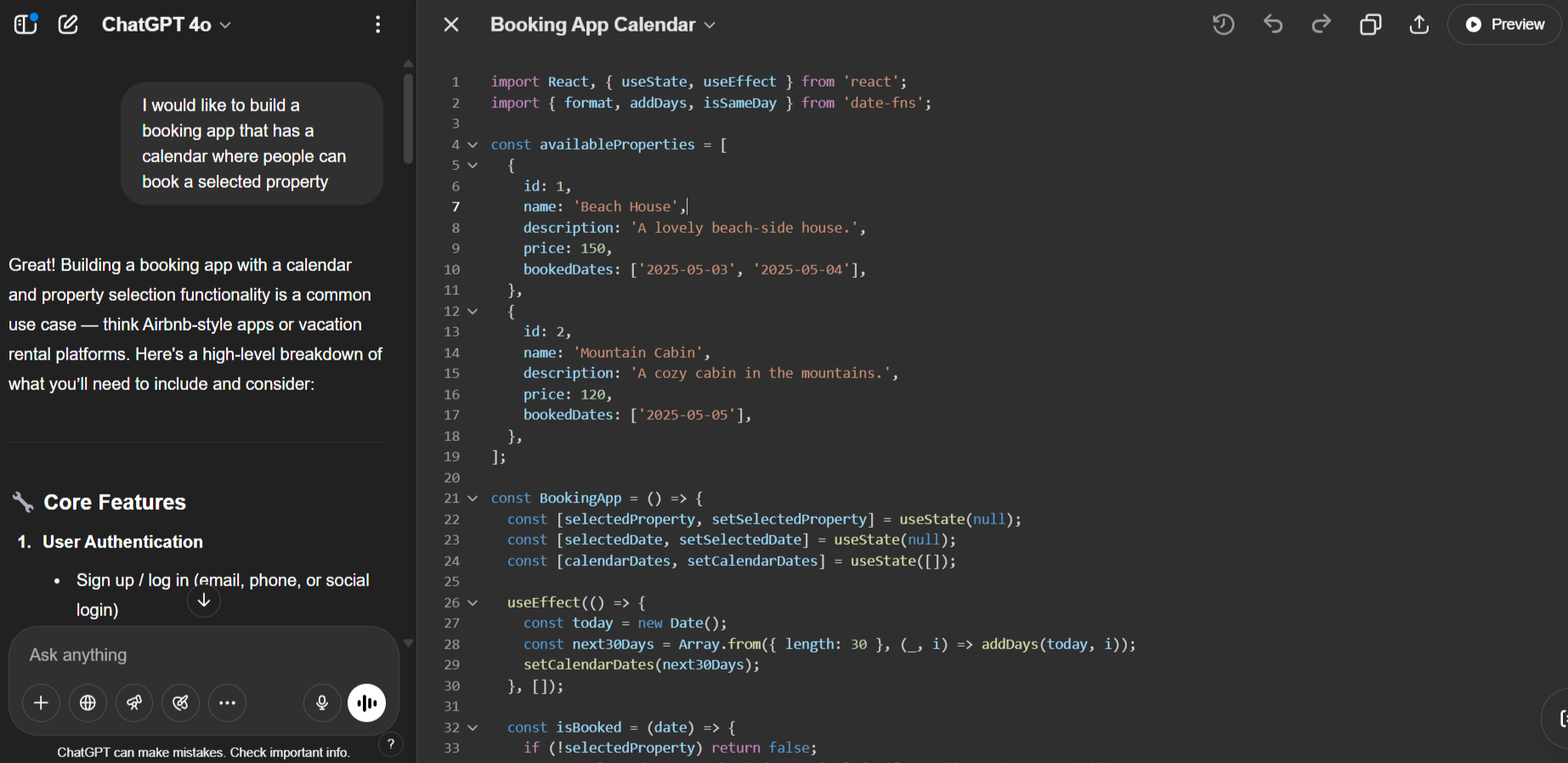 Chat GPT screenshot- example of vibe coding