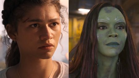 Zendaya's MJ and Zoe Saldana's Gamora side by side. 