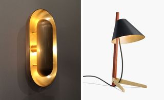 Wall light to left, table lamp and shade to right