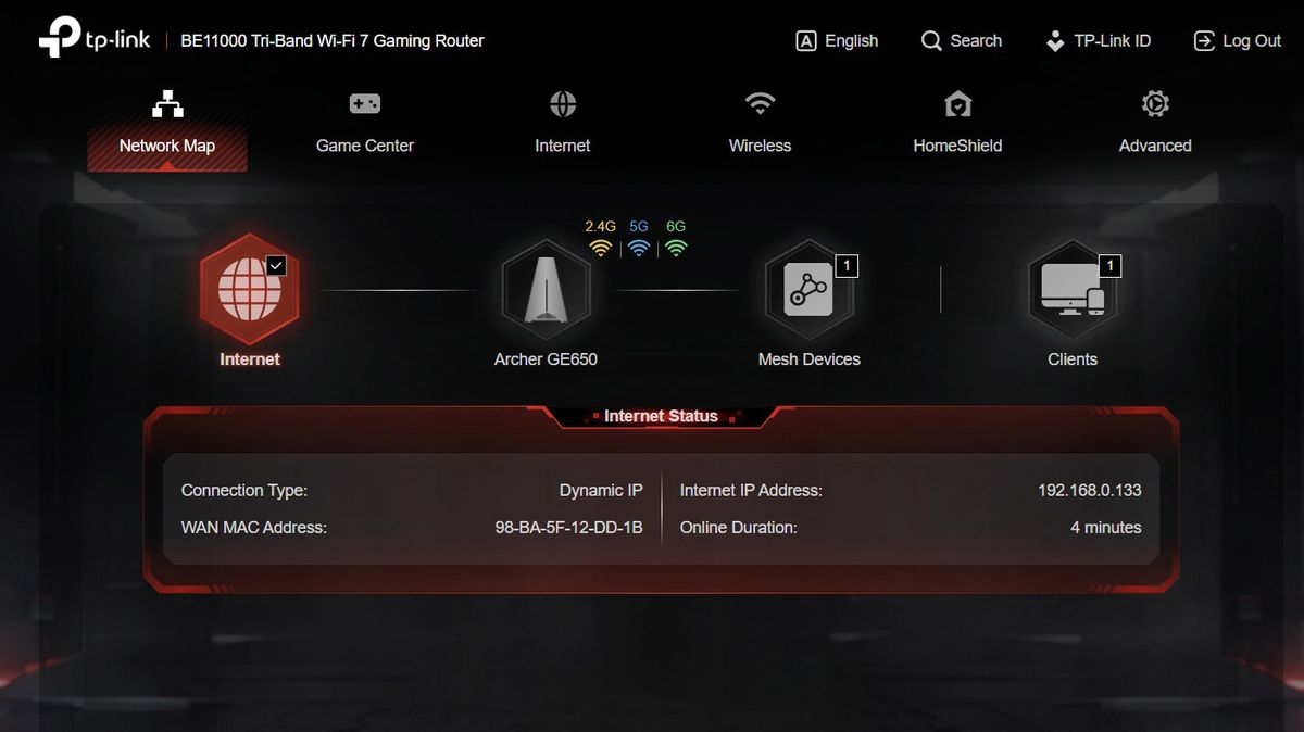 A screenshot from the TP-Link Archer GE650 router web interface