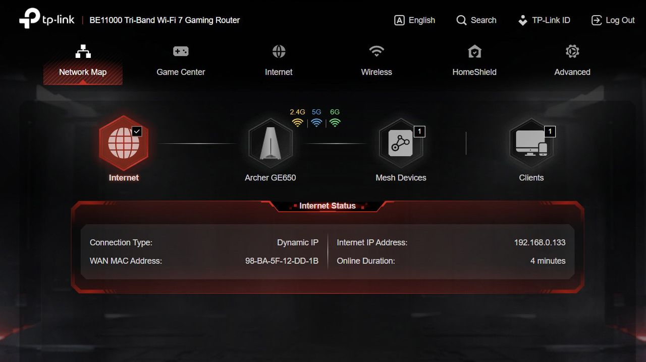 A screenshot from the TP-Link Archer GE650 router web interface