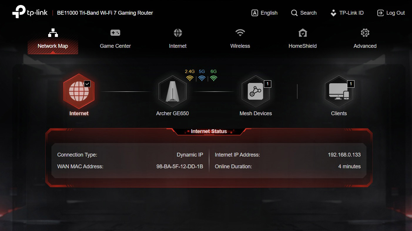 A screenshot from the TP-Link Archer GE650 router web interface