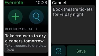 Skjermbilder fra appen Evernote på en Apple Watch.