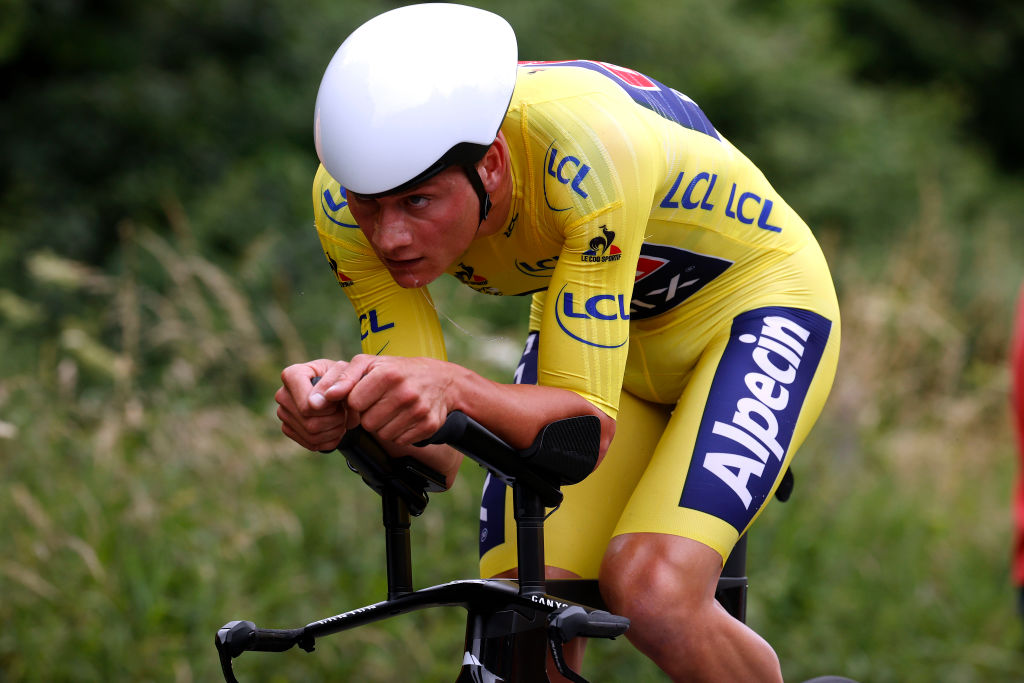 LAVAL ESPACE MAYENNE FRANCE JUNE 30 Mathieu Van Der Poel of The Netherlands and Team AlpecinFenix Yellow Leader Jersey during the 108th Tour de France 2021 Stage 5 a 272km Individual Time Trial stage from Chang to Laval Espace Mayenne 90m ITT LeTour TDF2021 on June 30 2021 in Laval Espace Mayenne France Photo by Chris GraythenGetty Images