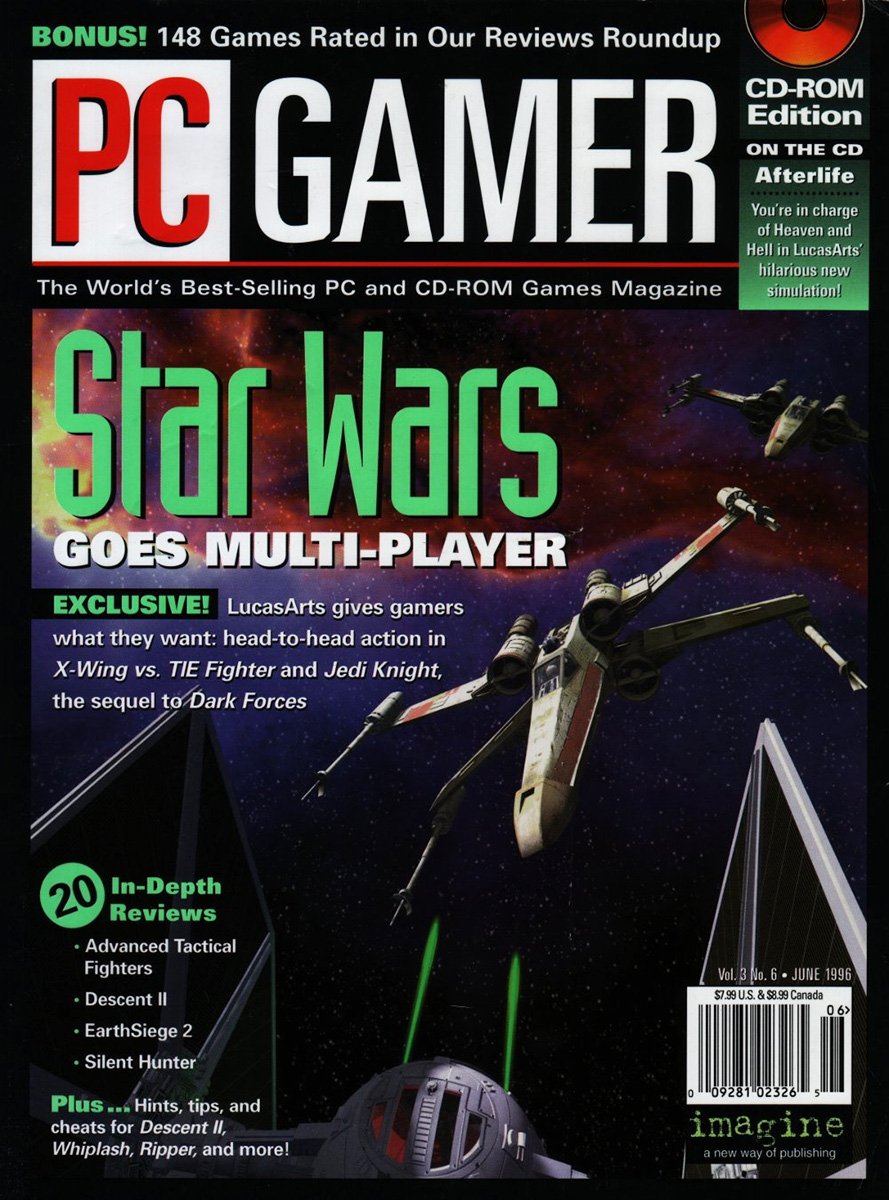 X-Wing vs . TIE Fighter on the cover of PC Gamer, June 1996