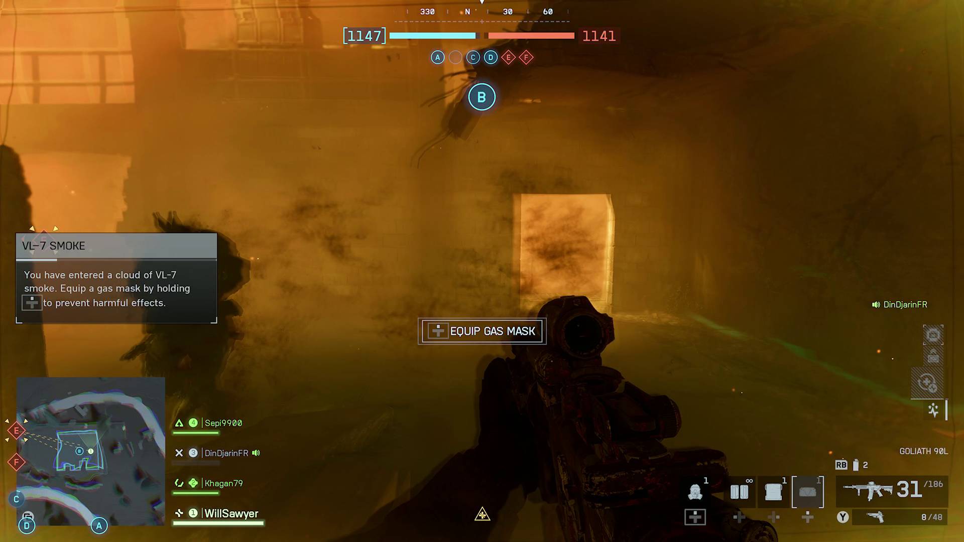 Battlefield 6 Season 2 gas mask button prompt appearing on screen