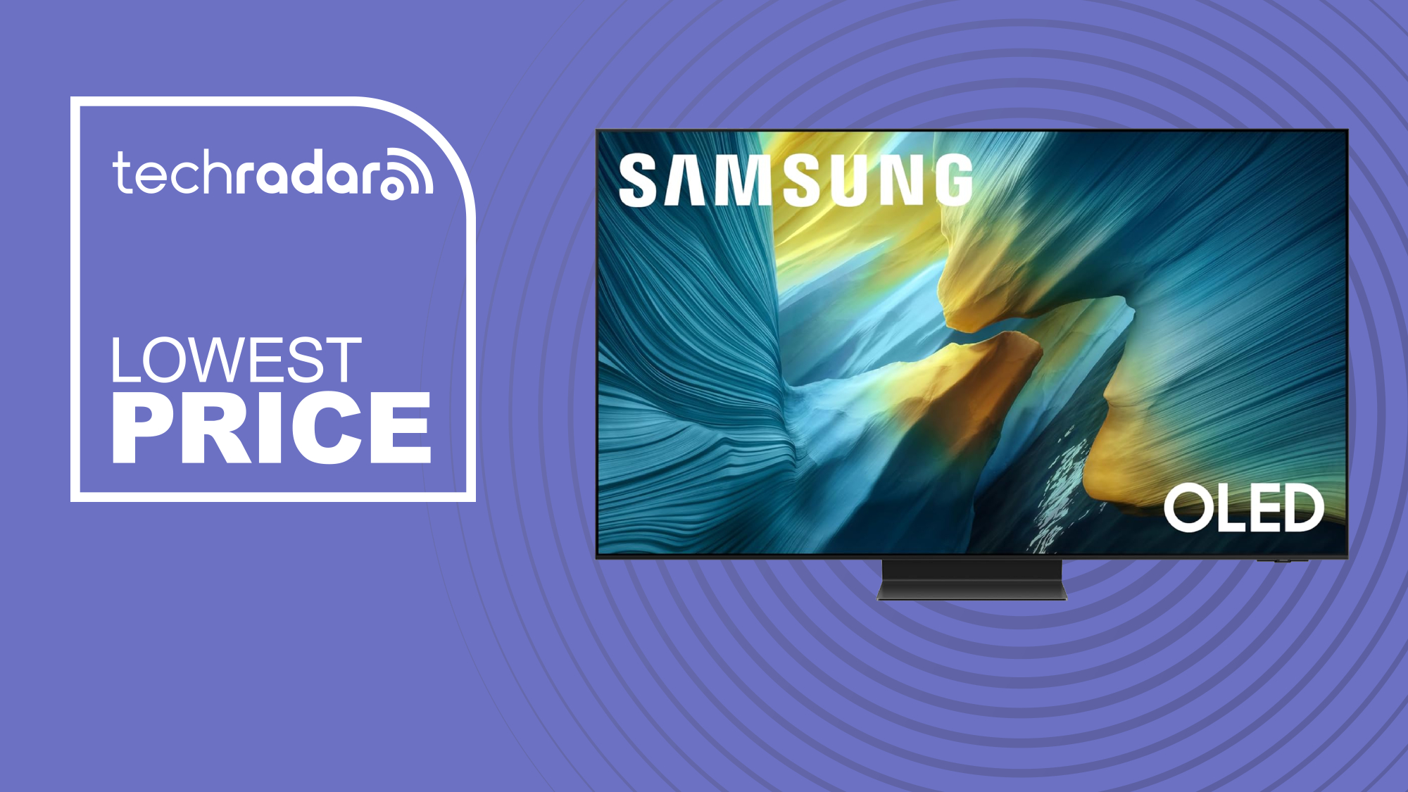 Samsung S95F OLED Tv deal image with lowest price in white text on purple background 