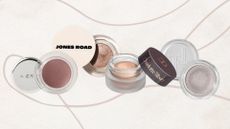 Collage of 4 of the best cream eyeshadows in this guide from (left to right) MERIT Beauty, Jones Road, Charlotte Tilbury and Trinny London, on an off-white background with pink fine line drawing