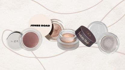 Collage of 4 of the best cream eyeshadows in this guide from (left to right) MERIT Beauty, Jones Road, Charlotte Tilbury and Trinny London, on an off-white background with pink fine line drawing