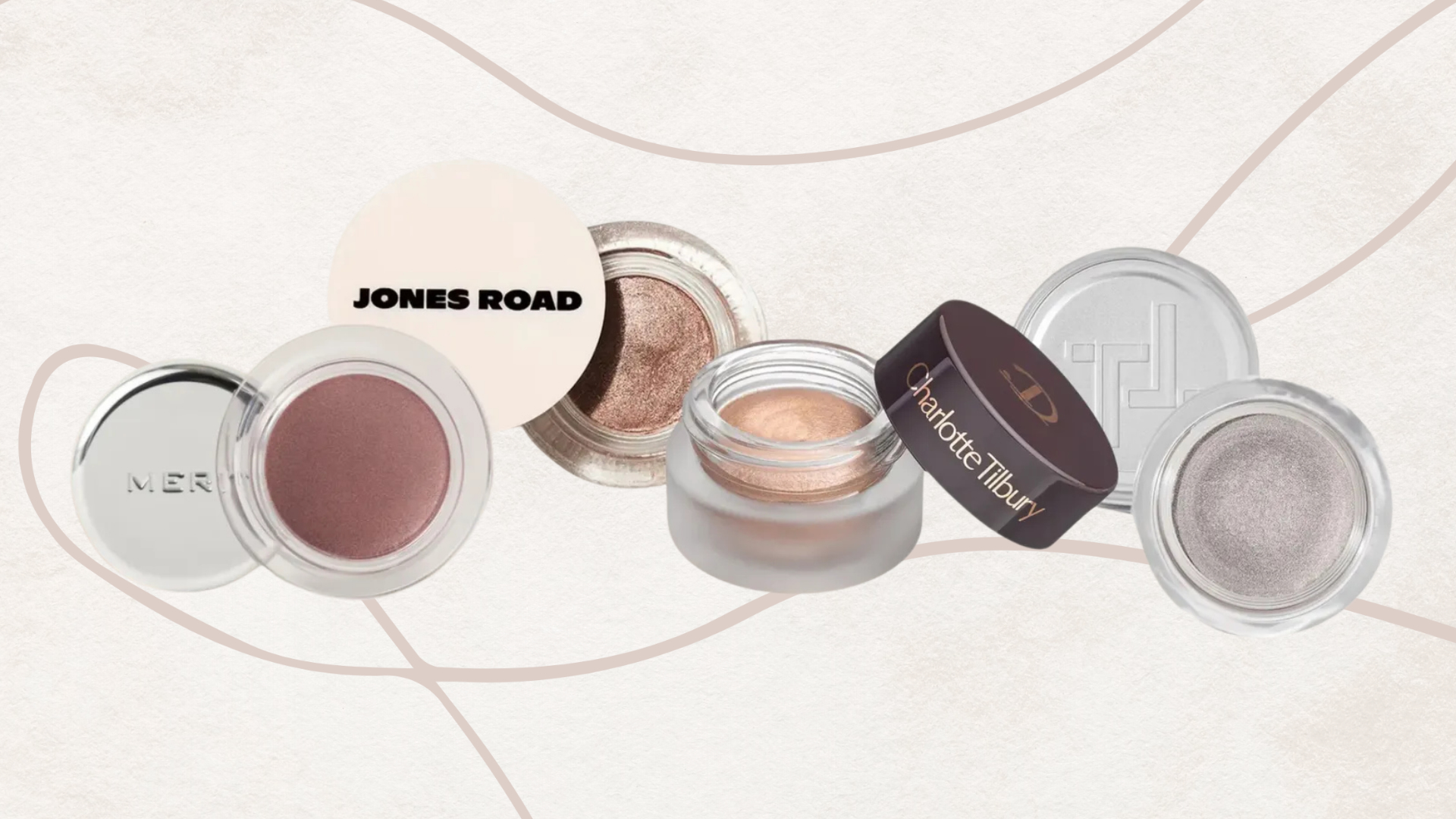 Collage of 4 of the best cream eyeshadows in this guide from (left to right) MERIT Beauty, Jones Road, Charlotte Tilbury and Trinny London, on an off-white background with pink fine line drawing