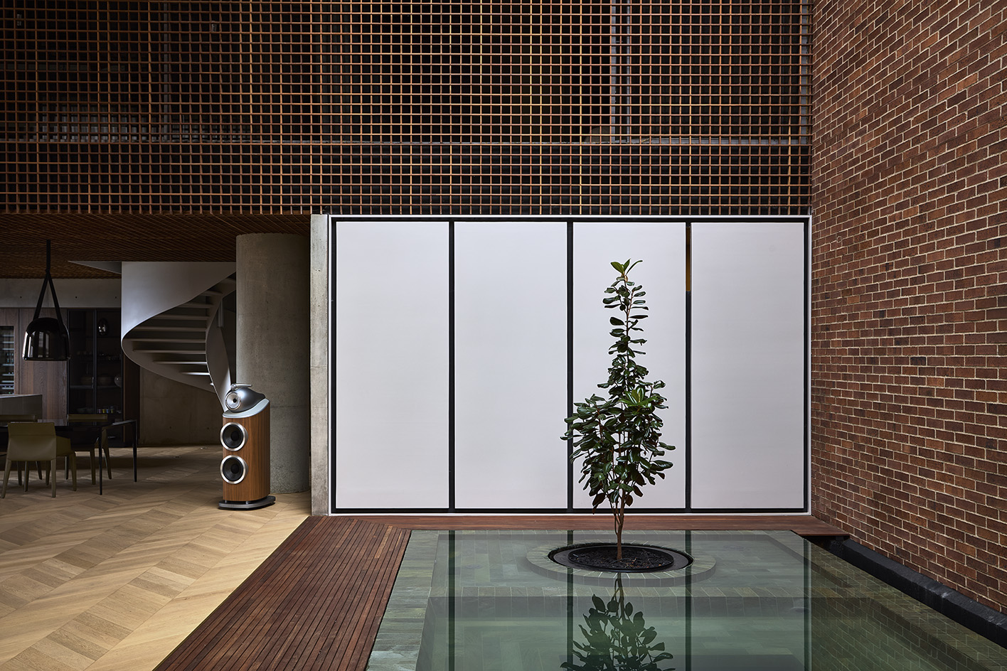 interior of Medell&amp;iacute;n apartment, tall ceilings, contemporary design, timber lattices